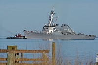 The guided-missile destroyer USS Arleigh Burke (DDG 51) leaves Yorktown Weapons Station and heads out to the Chesapeake Bay