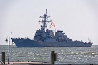 Ticonderoga-class guided-missile cruiser USS Anzio (CG 68) heads to the Yorktown Weapons Station